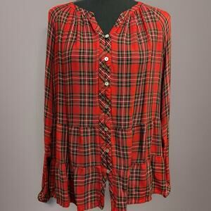 J Jill Blouse Small Red Plaid Tiered Long Sleeve Academia Holiday Lightweight